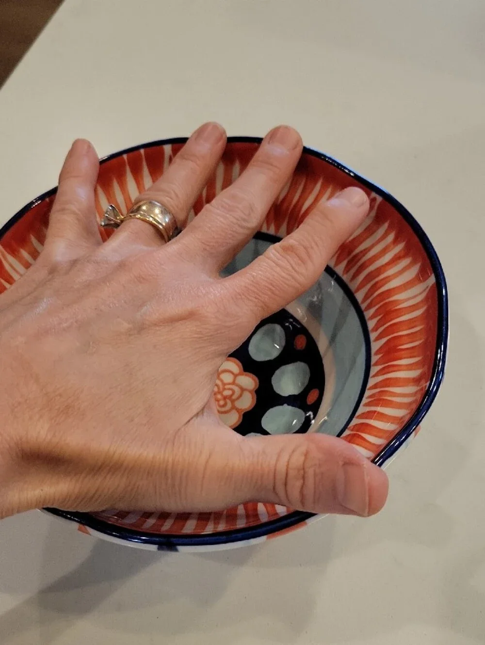 Anthropologie Bellina Red, Light Blue & Navy Handpainted Ceramic Bowl